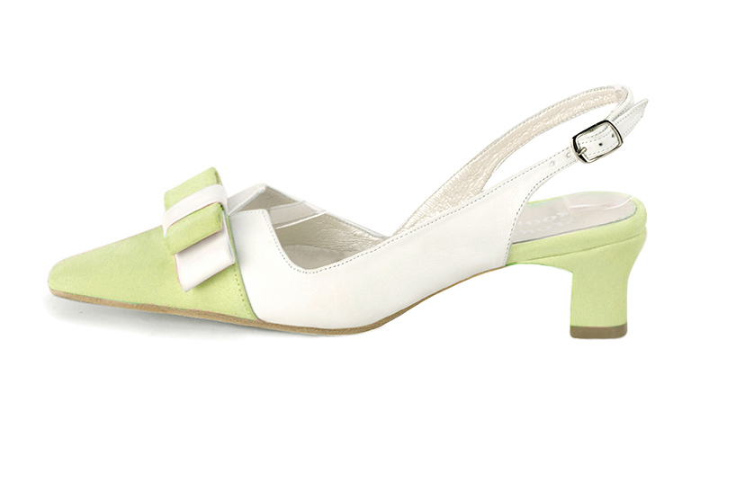 Meadow green and off white women's open back shoes, with a knot. Tapered toe. Low kitten heels. Profile view - Florence KOOIJMAN